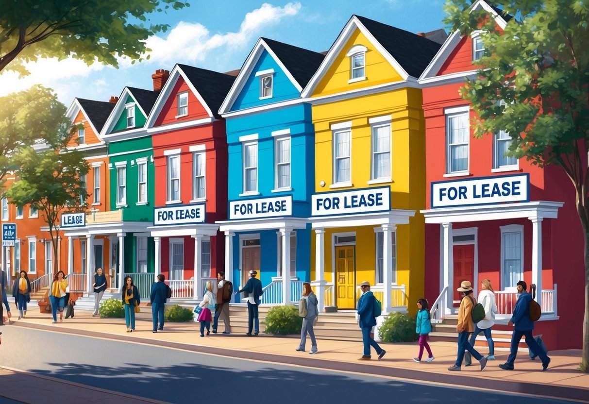 A row of colorful houses with "For Lease" signs, surrounded by trees and a bustling street, with a variety of people walking by