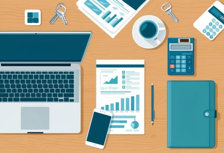 Laptop, documents, calculator, and coffee cup on a wooden desk