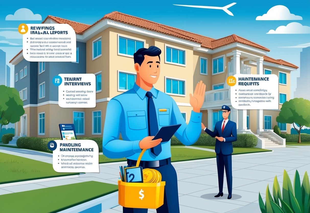 A property manager inspecting a well-maintained building, reviewing financial reports, conducting tenant interviews, handling maintenance requests, and overseeing security measures