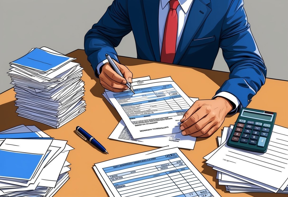 Person in suit reviewing documents with calculator and pen on desk