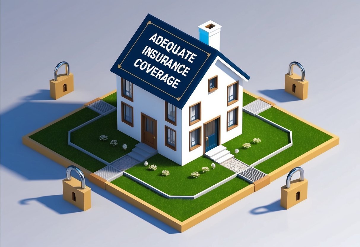 A house surrounded by a shield with the words "Adequate Insurance Coverage" on it, with protective symbols and locks on the doors and windows