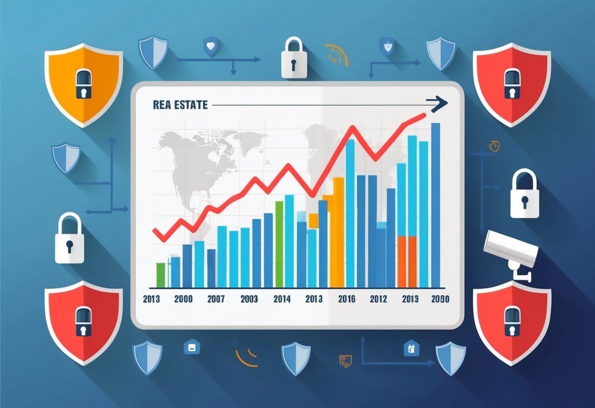 A graph showing real estate market trends over time, surrounded by protective symbols like shields, locks, and security cameras