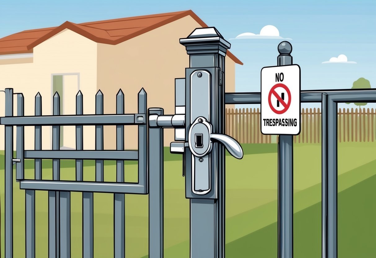 A sturdy lock securing a gate around a property, with a "no trespassing" sign posted on the fence