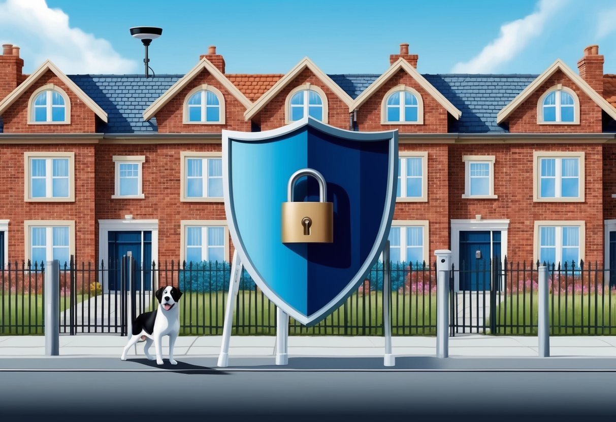 A row of houses shielded by a shield with a lock, a guard dog, security camera, and a sturdy fence