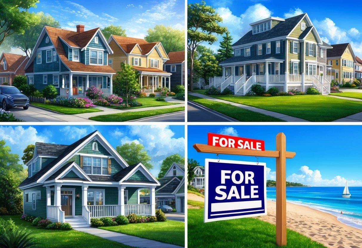 Four images of houses, one with a "For Sale" sign near the beach