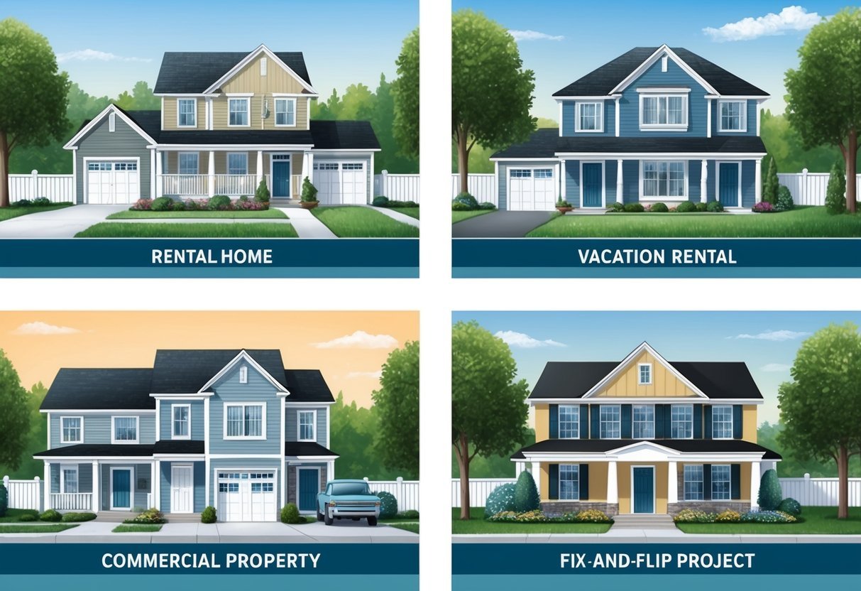 A cozy suburban neighborhood with four different properties, including a rental home, a vacation rental, a commercial property, and a fix-and-flip project