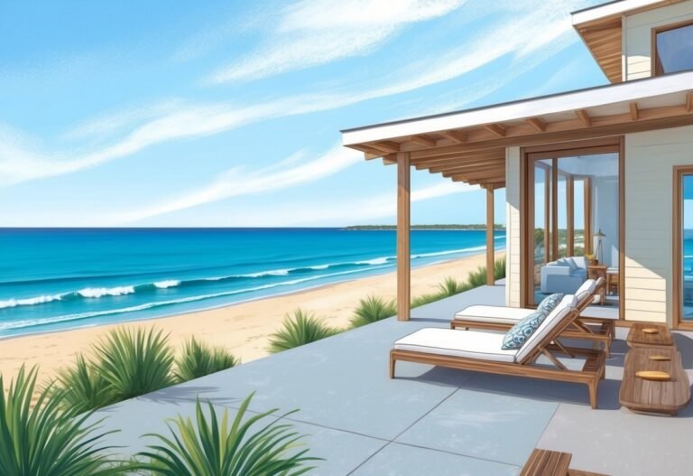 Beachfront house with lounge chairs, ocean view, and blue sky