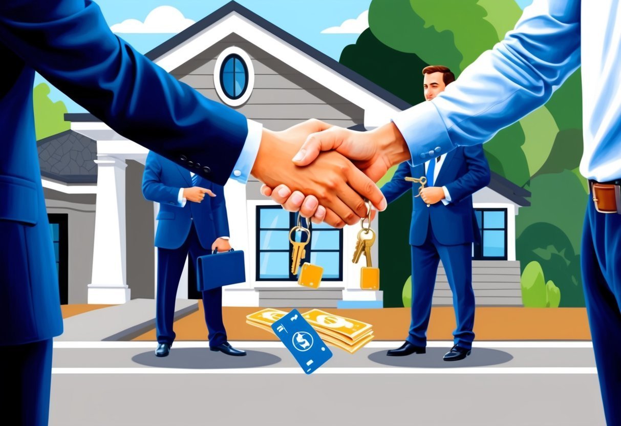 Real estate deal: Handshake, keys, money, and a house in the background