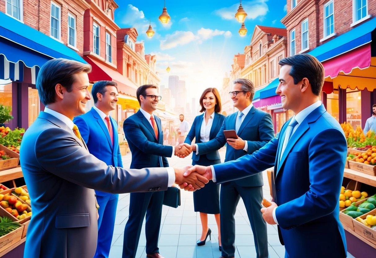 A group of real estate investors shaking hands in front of a vibrant and bustling marketplace, symbolizing the benefits of partnership and collaboration