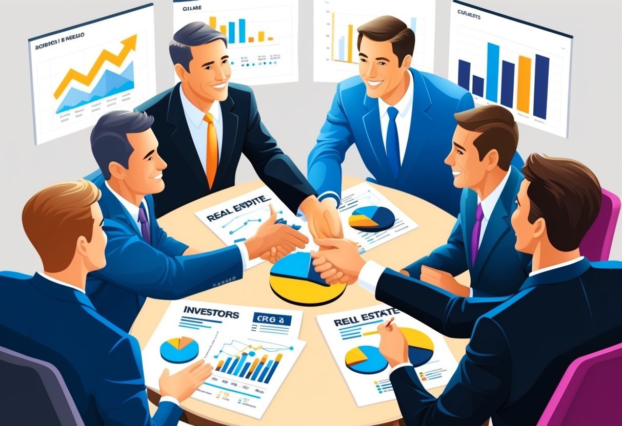 A group of real estate investors gather around a table, exchanging ideas and shaking hands in agreement.</p><p>Charts and graphs are displayed, highlighting the benefits of collaboration