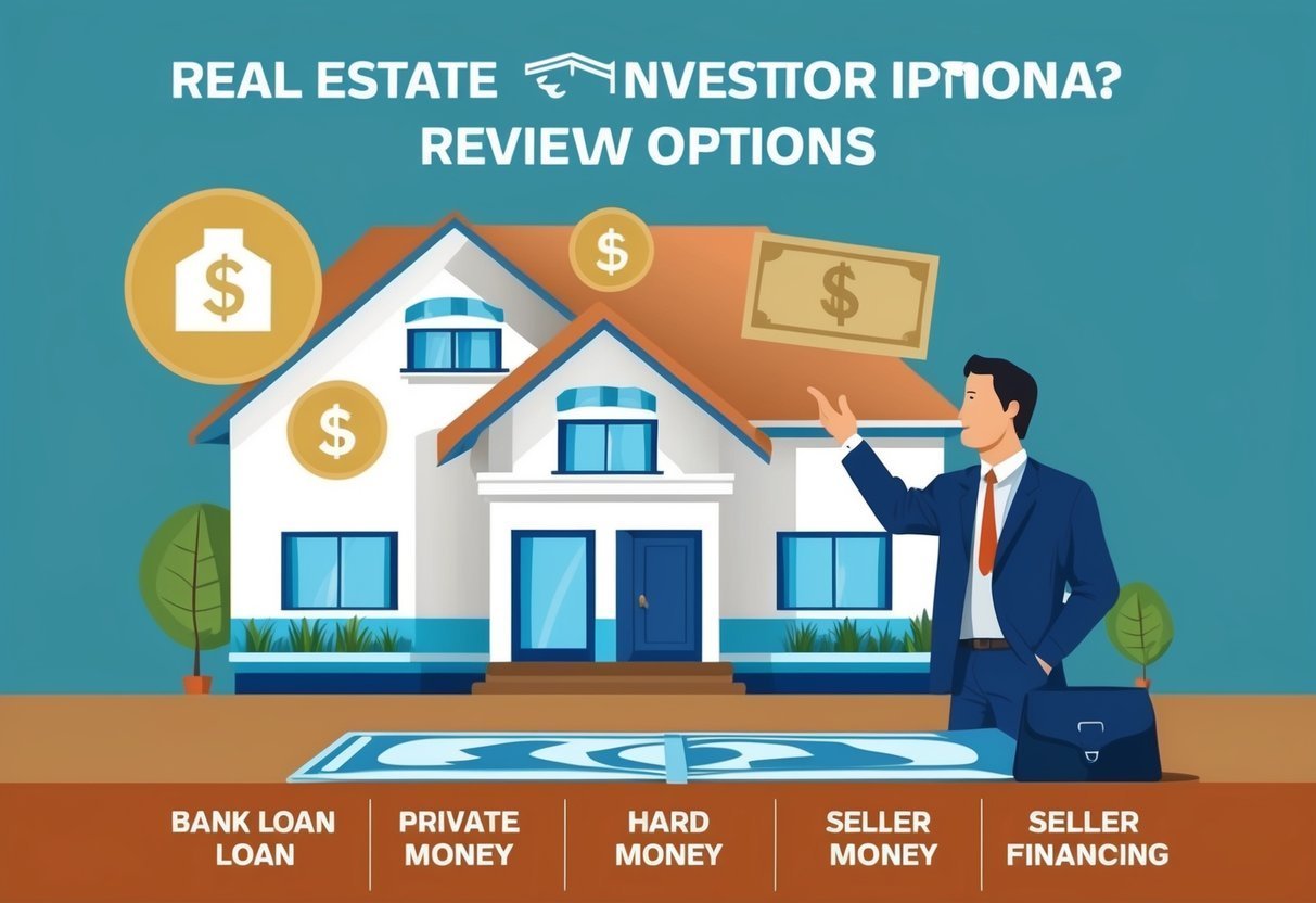 Real estate investment options with a house, money symbols, and a businessman