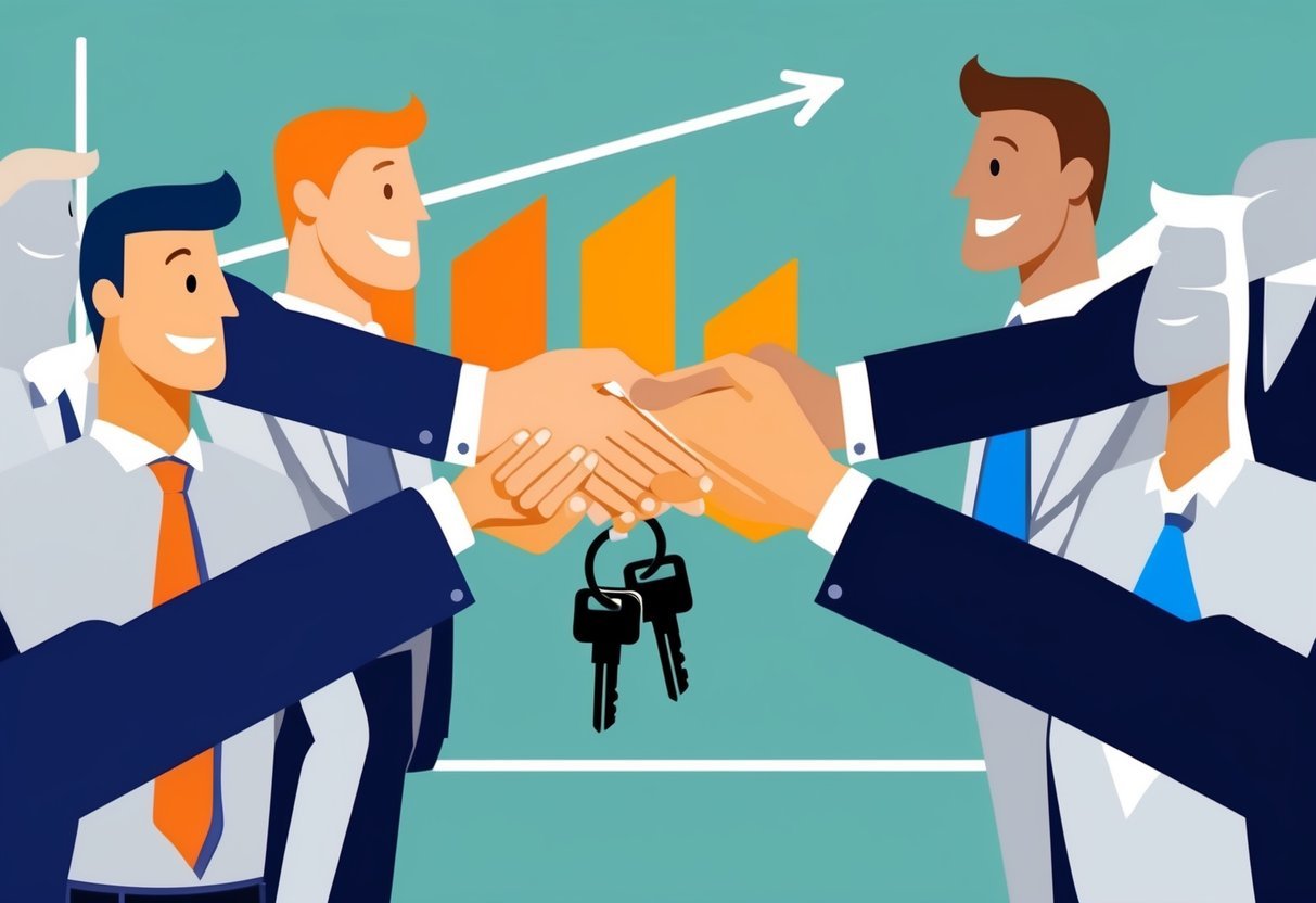 Several real estate investors shaking hands and exchanging keys, symbolizing the partnership and collaboration.</p><p>A chart showing financial growth and upward arrows in the background