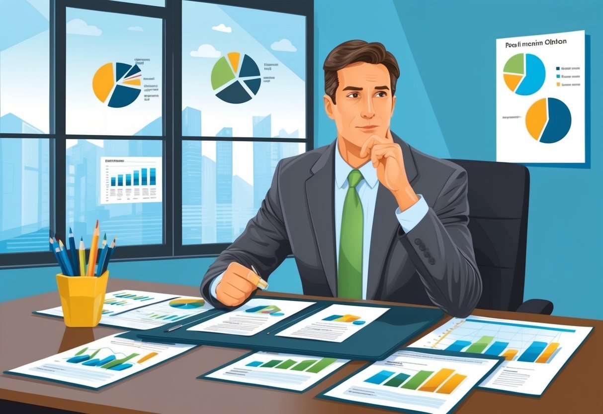 A real estate investor sits at a desk surrounded by charts, graphs, and financial documents.</p><p>They are considering four common financing options, deep in thought