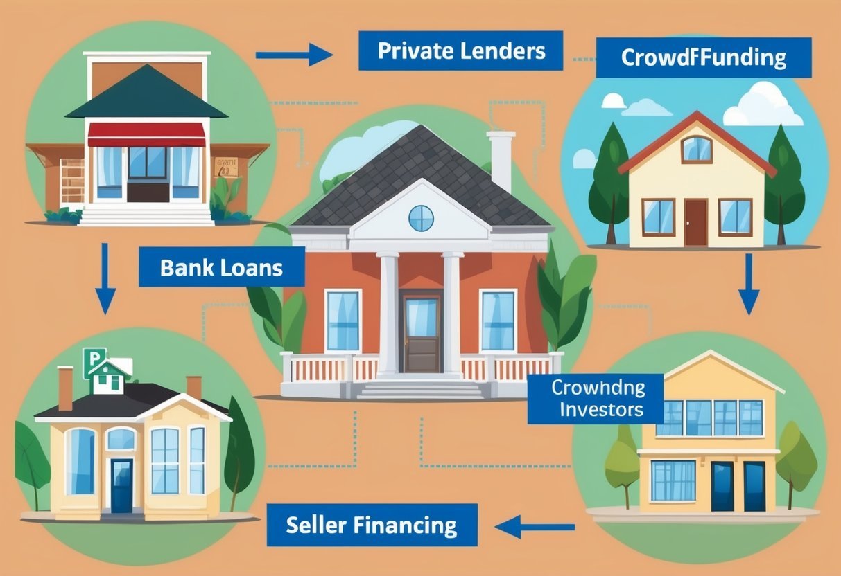 An array of financing options for real estate investors: bank loans, private lenders, crowdfunding, and seller financing