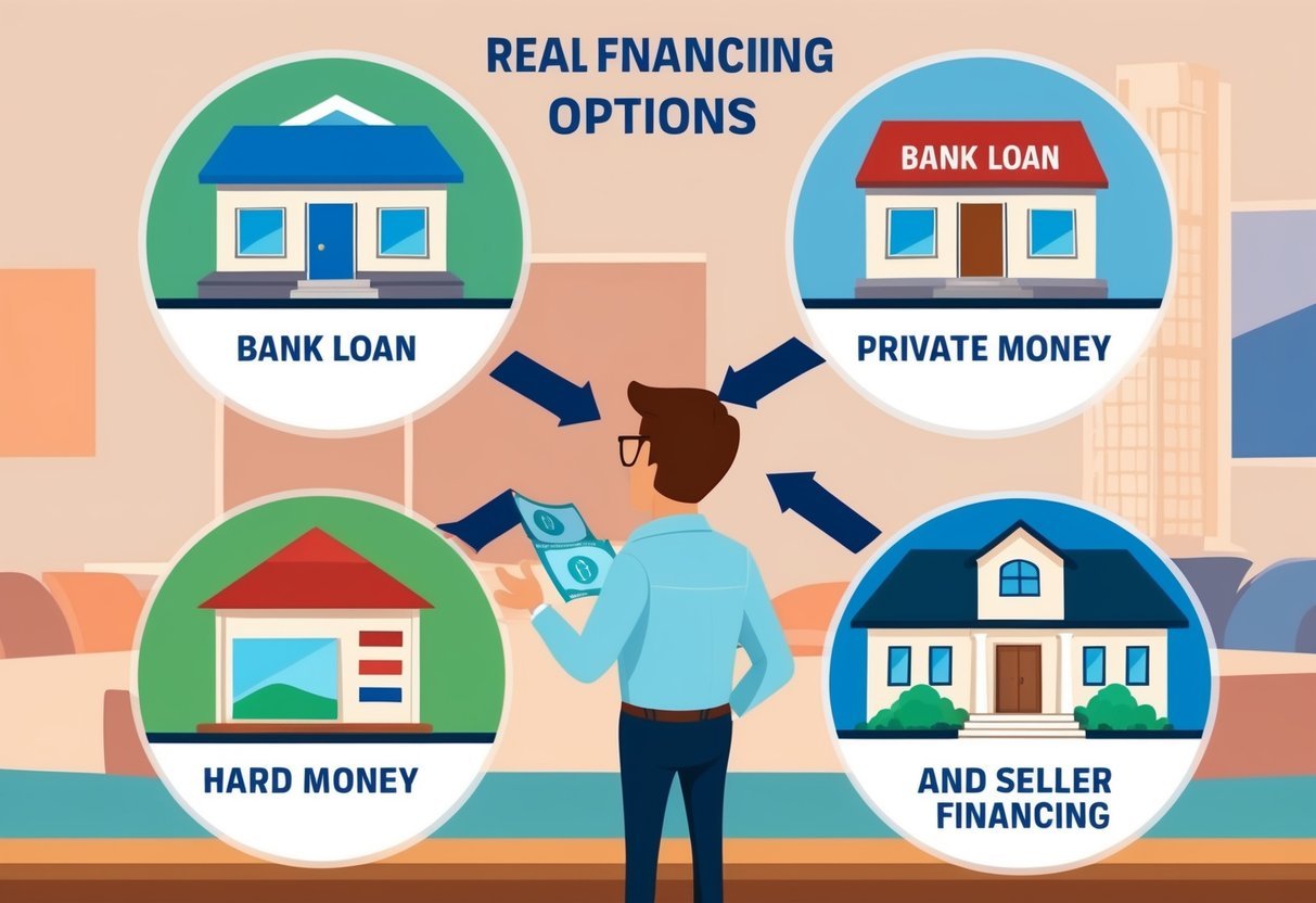 A real estate investor reviewing four financing options, including bank loan, private money, hard money, and seller financing