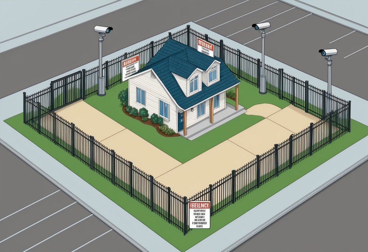 Cartoon house surrounded by a fence, security cameras, and parking lot