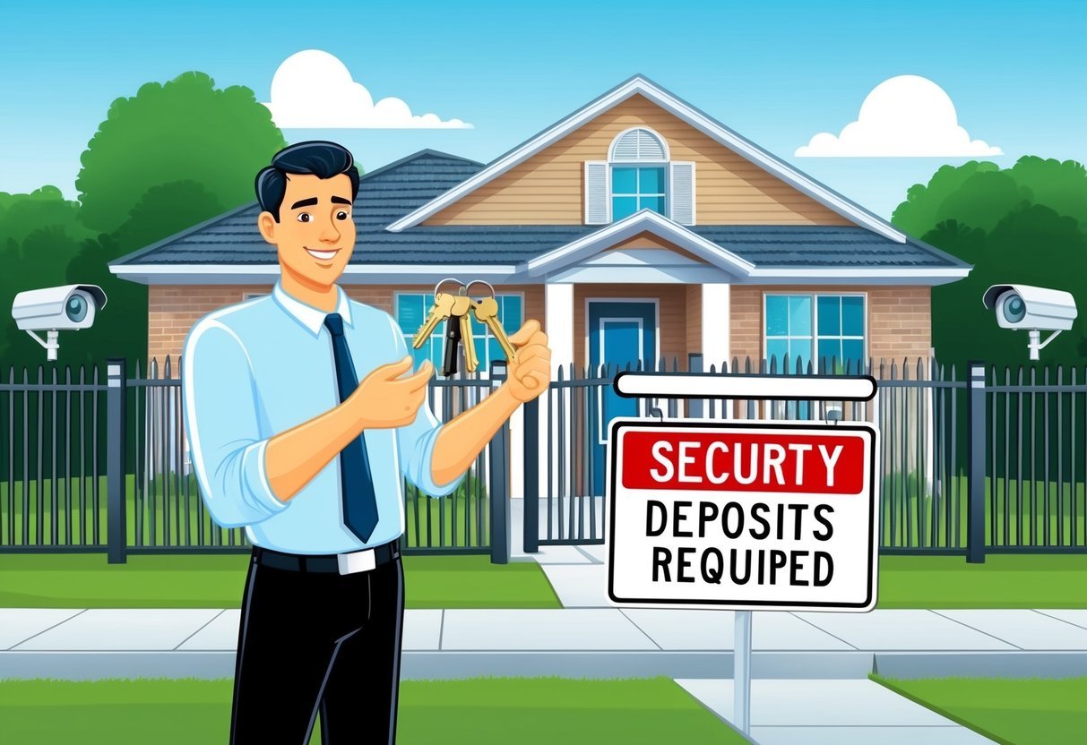 A landlord holding a set of keys while standing in front of a secure rental property, with a fence, security cameras, and a "security deposits required" sign displayed prominently