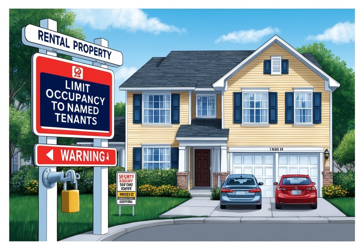 A rental property with a sign displaying "Limit Occupancy to Named Tenants" and various safety measures in place such as security cameras, locks, and warning signs