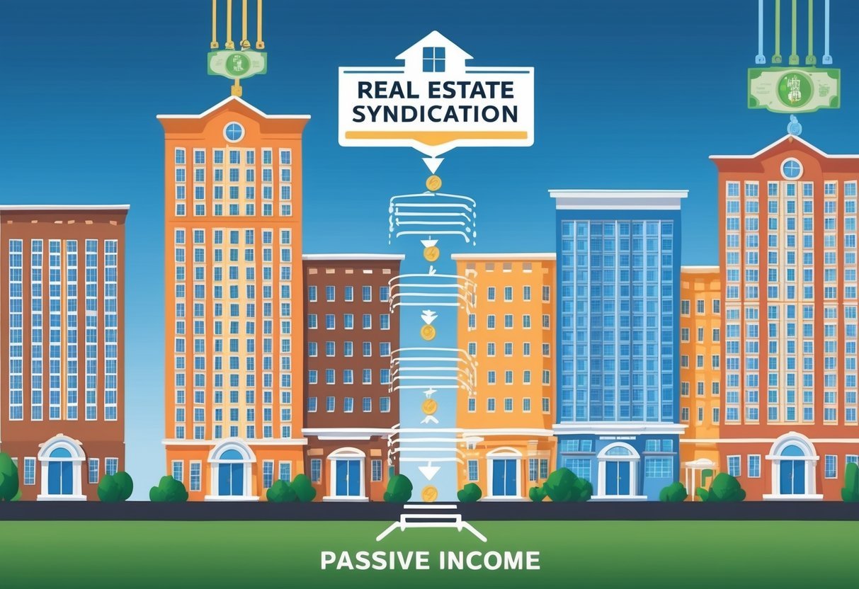 A group of buildings with "Real Estate Syndication" as the focal point.</p><p>A stream of income flows from the buildings, representing passive income