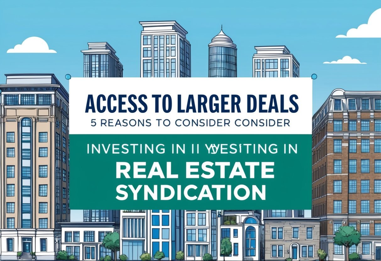 A group of buildings of varying sizes and styles, with "Access to Larger Deals 5 Reasons to Consider Investing in Real Estate Syndication" displayed prominently on a large banner