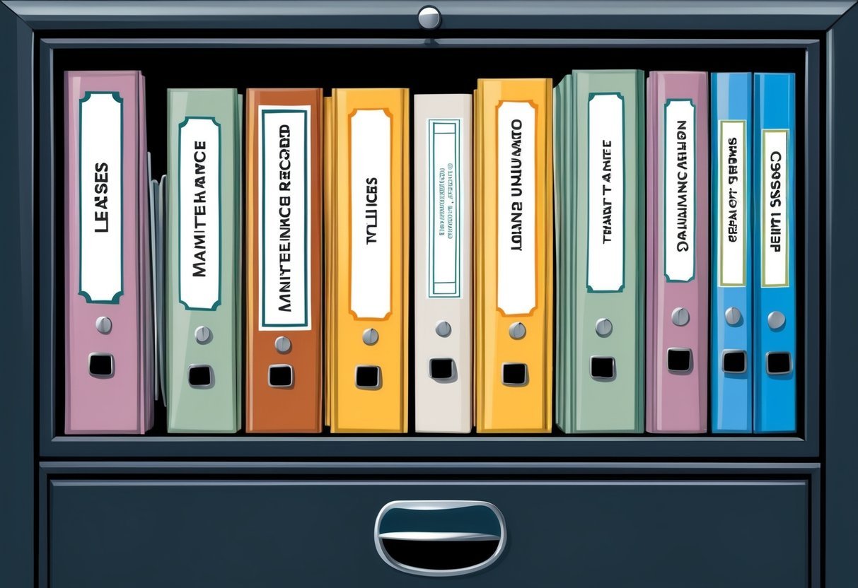 A well-organized filing cabinet with labeled folders for leases, maintenance records, insurance policies, and tenant communications