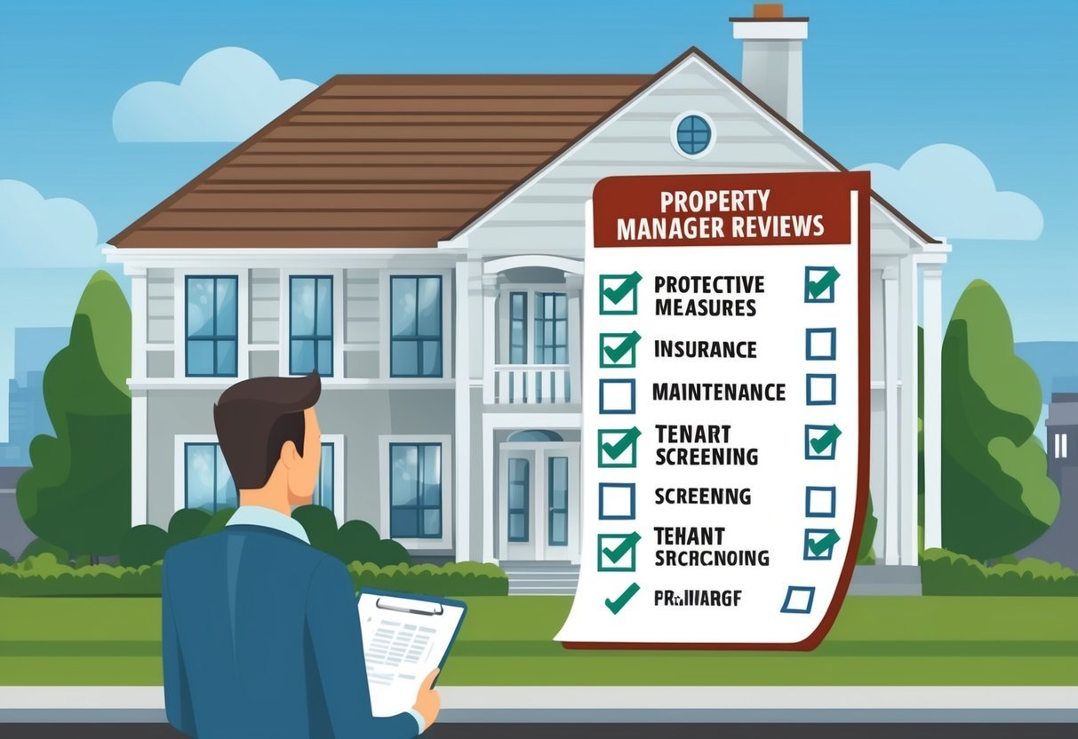 A property manager reviews a checklist of 9 protective measures for rental properties, including insurance, maintenance, and tenant screening