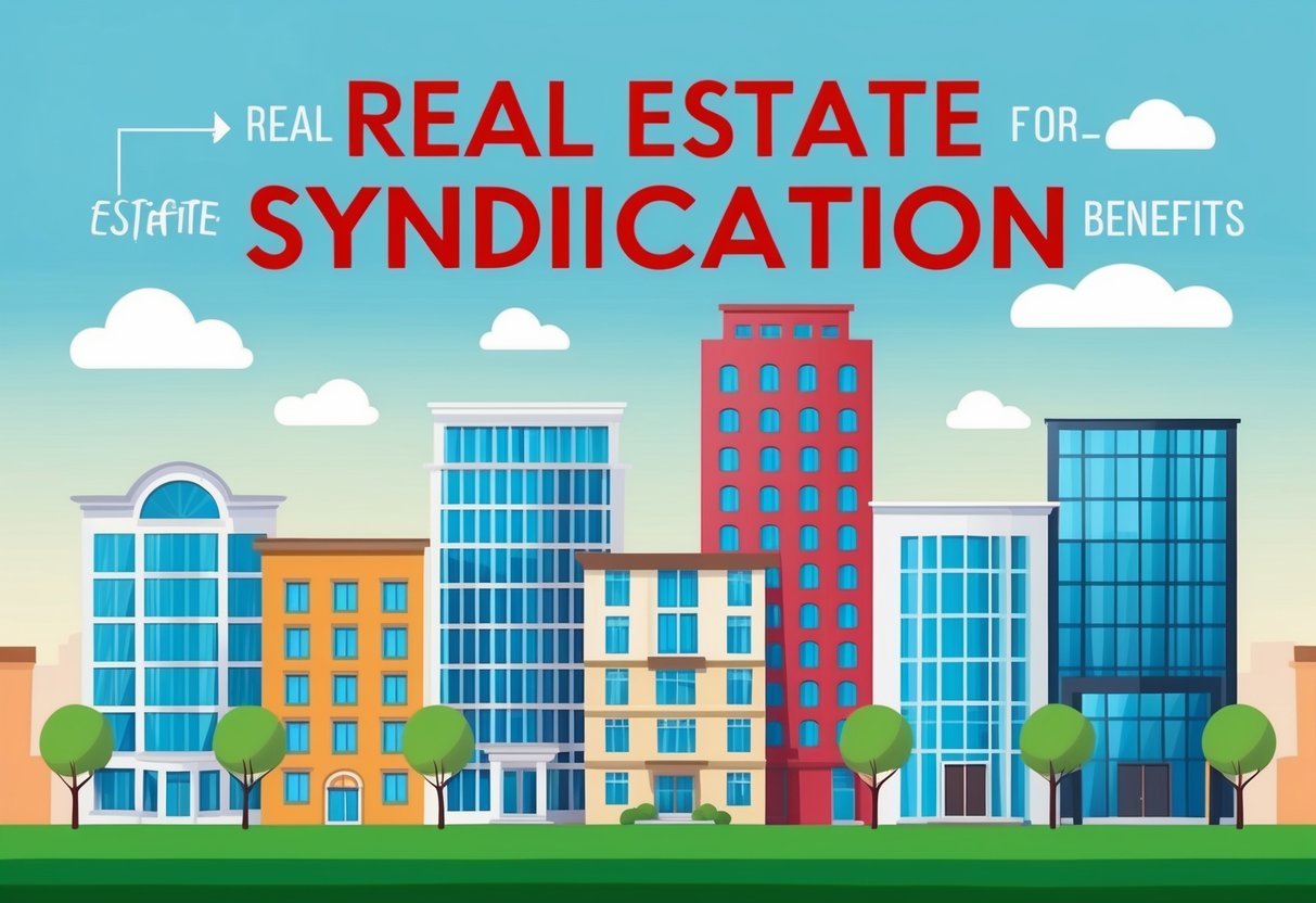 A group of diverse buildings with "Real Estate Syndication" benefits listed in the sky above them