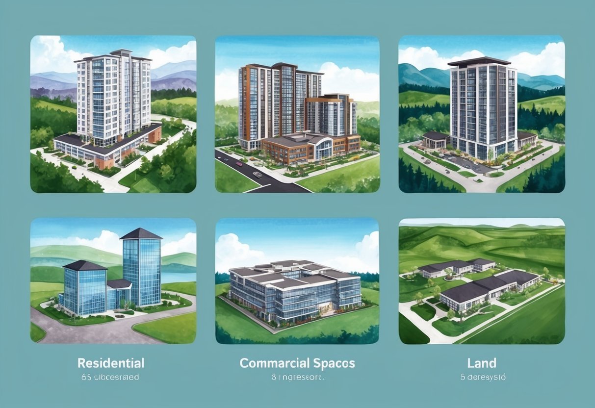 A group of five different properties, such as residential buildings, commercial spaces, and land, surrounded by diverse landscapes and environments