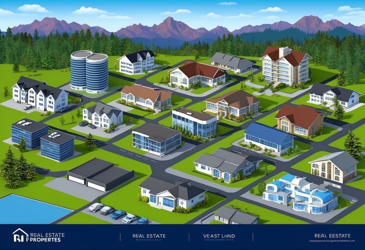 Illustration of a planned community with various houses, buildings, and a mountain backdrop