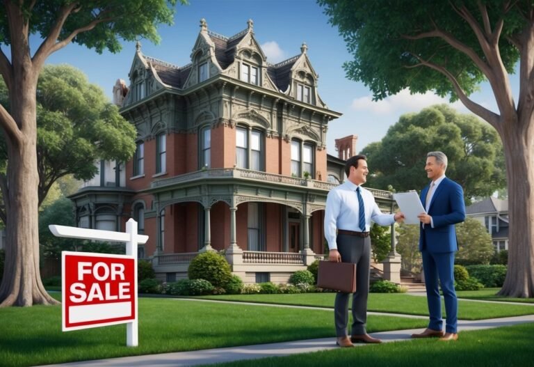 Two men in front of a large house with a "For Sale" sign