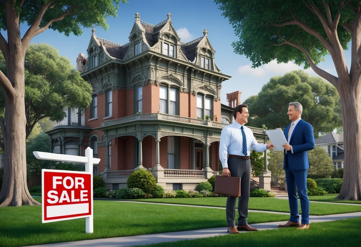 A historic property with ornate architecture, surrounded by mature trees.</p><p>A "For Sale" sign is displayed in the front yard, and a real estate agent is showing the property to potential investors