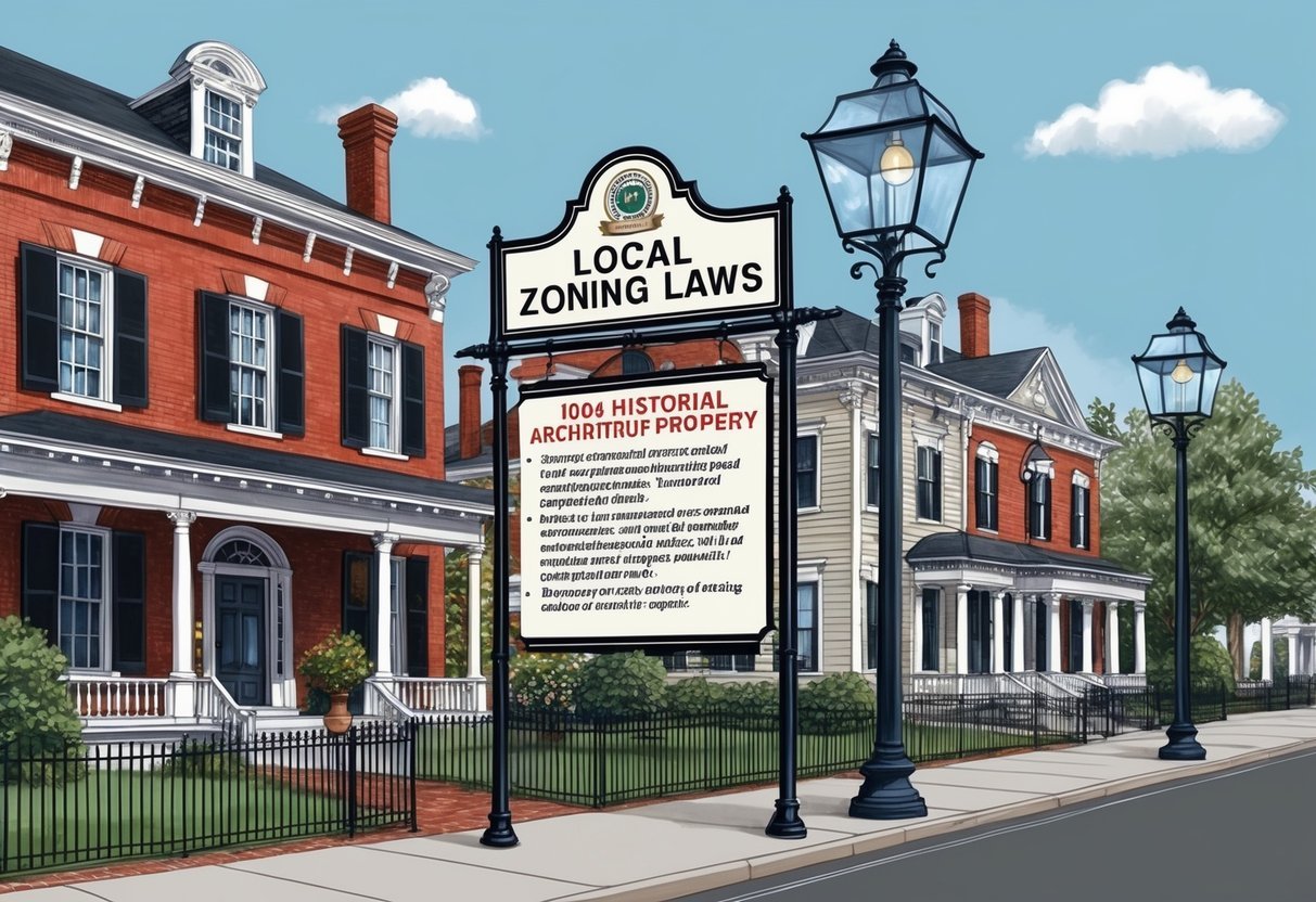 A historic property with a sign displaying local zoning laws, surrounded by well-preserved architecture and vintage street lamps