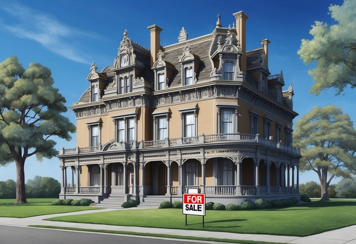 A historic building with ornate architecture and a "For Sale" sign out front, surrounded by mature trees and a clear blue sky