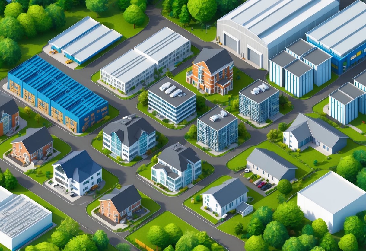 A diverse array of real estate properties including residential homes, commercial buildings, and industrial warehouses, surrounded by lush greenery and modern infrastructure