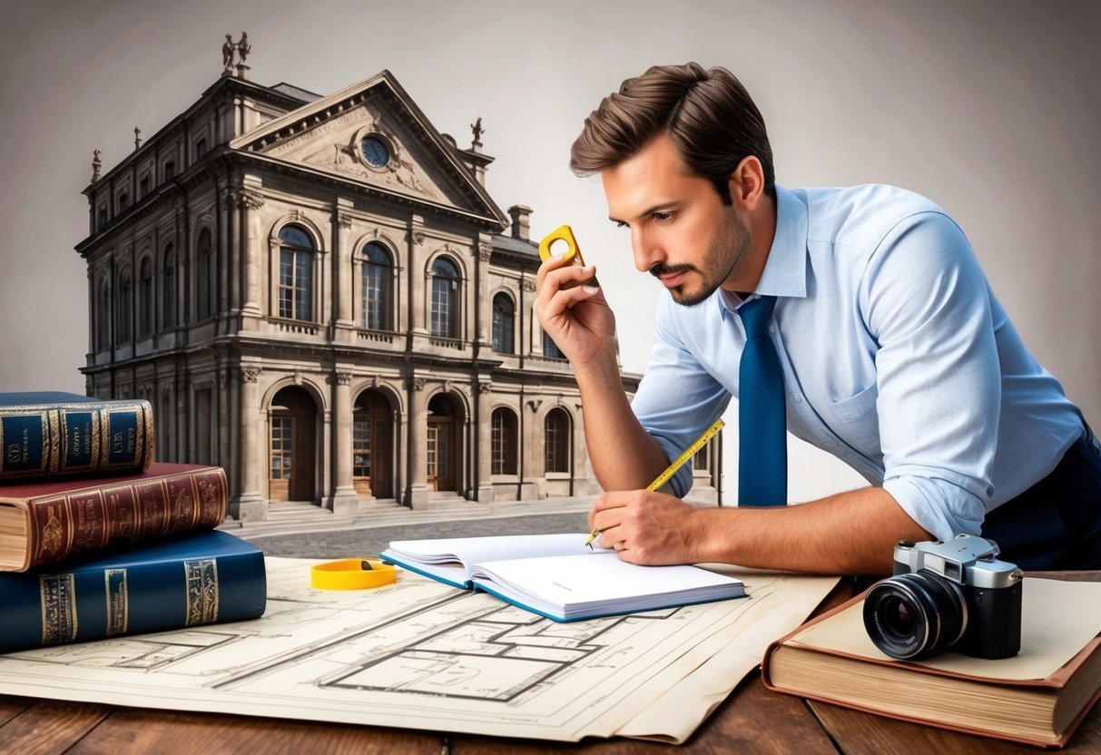 An architect examining historic building with a notebook, measuring tape, and camera, surrounded by old architectural blueprints and reference books