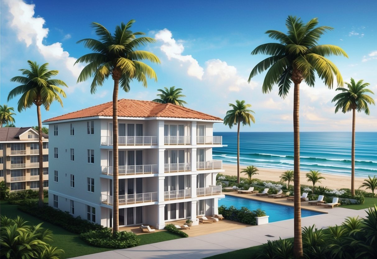 A beachfront vacation rental surrounded by palm trees and overlooking the ocean, with a variety of real estate investment properties in the background