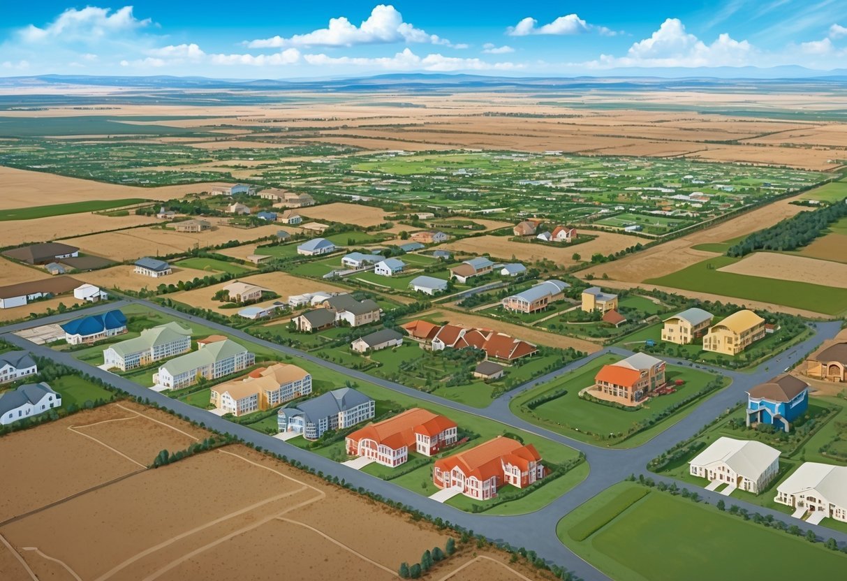 A vast expanse of raw land with various types of real estate investments scattered throughout, including residential, commercial, and agricultural properties