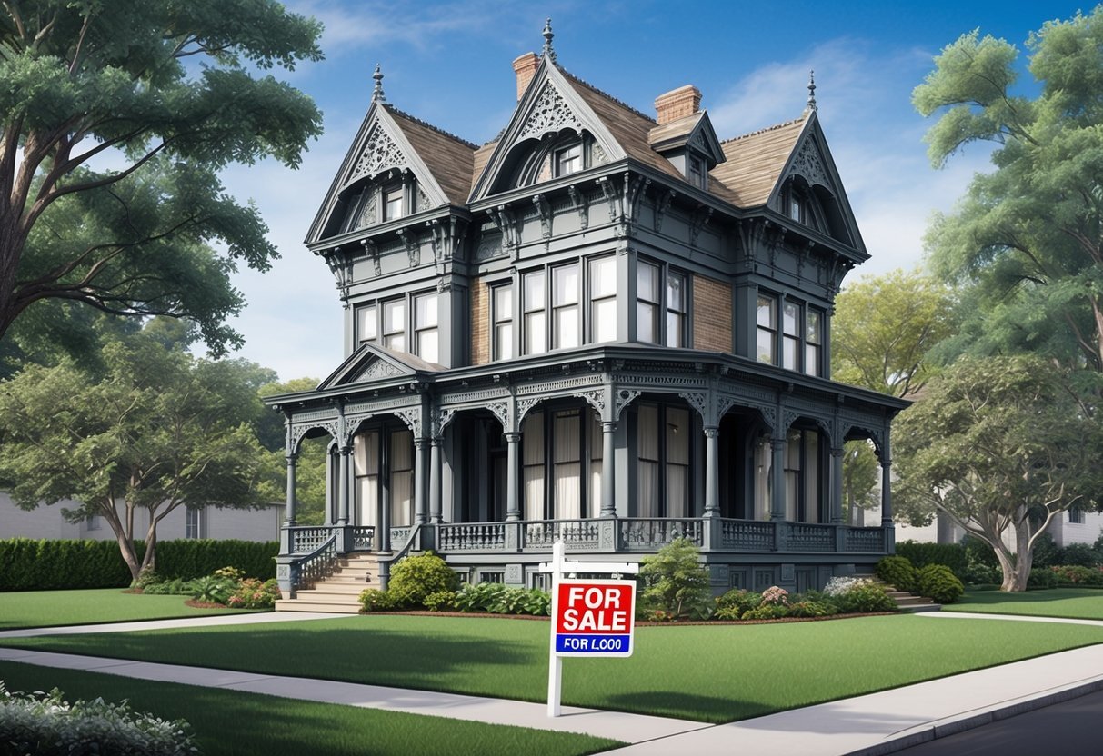 A historic building with intricate architectural details, surrounded by mature trees and well-maintained landscaping.</p><p>A "For Sale" sign is visible in the front yard