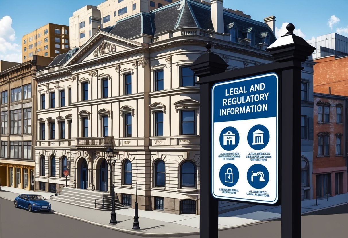 A historic building with architectural details, surrounded by a mix of old and new structures.</p><p>A sign with legal and regulatory information is prominently displayed