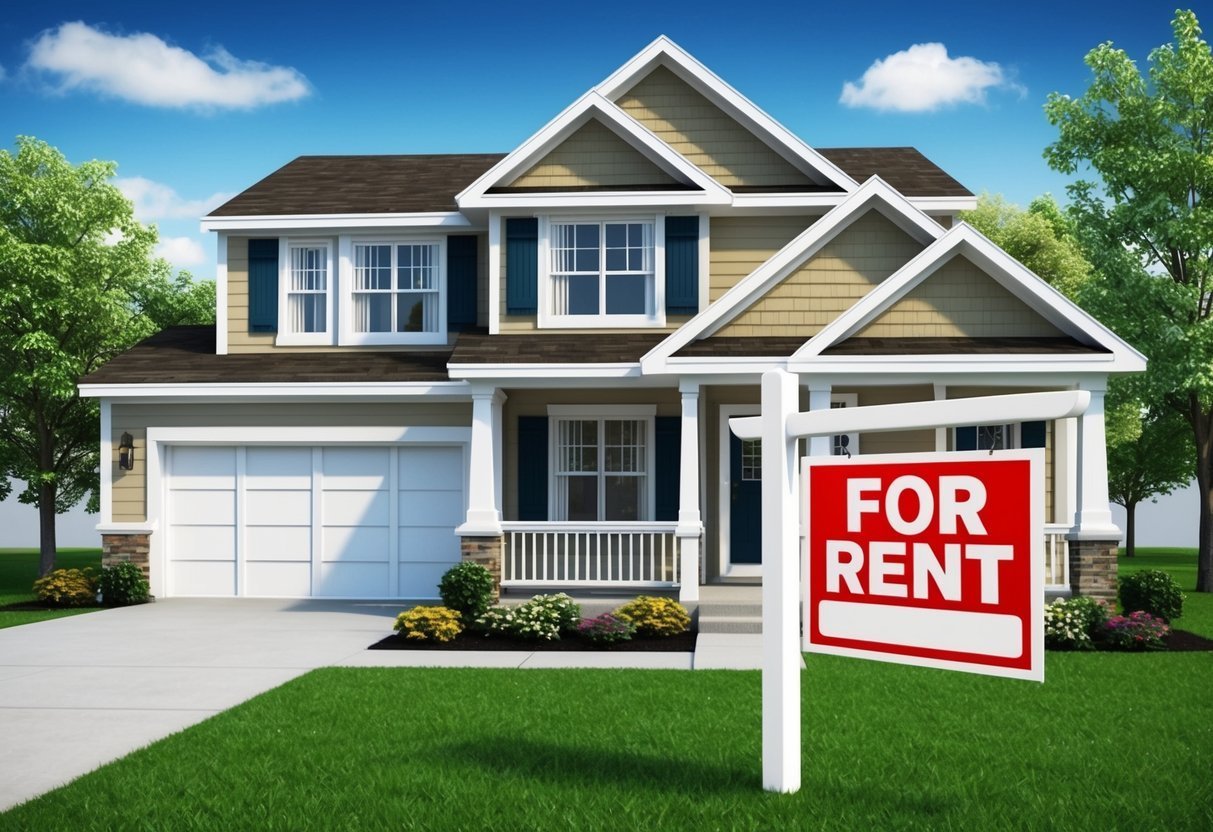 Two-story house with "For Rent" sign in front of the lawn