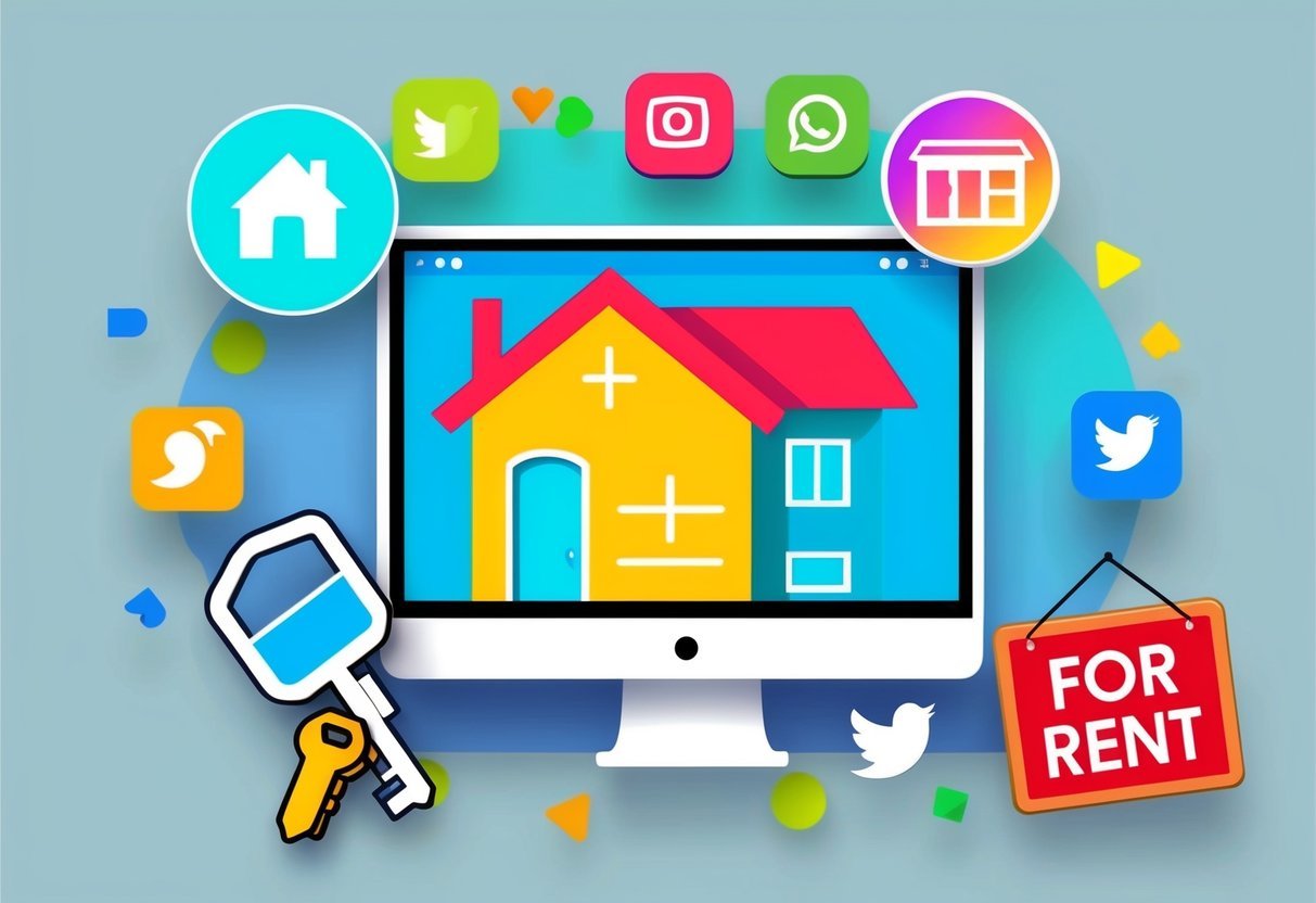 A colorful virtual tour graphic with icons of a house, key, and computer screen, surrounded by vibrant marketing elements like social media symbols and a "for rent" sign