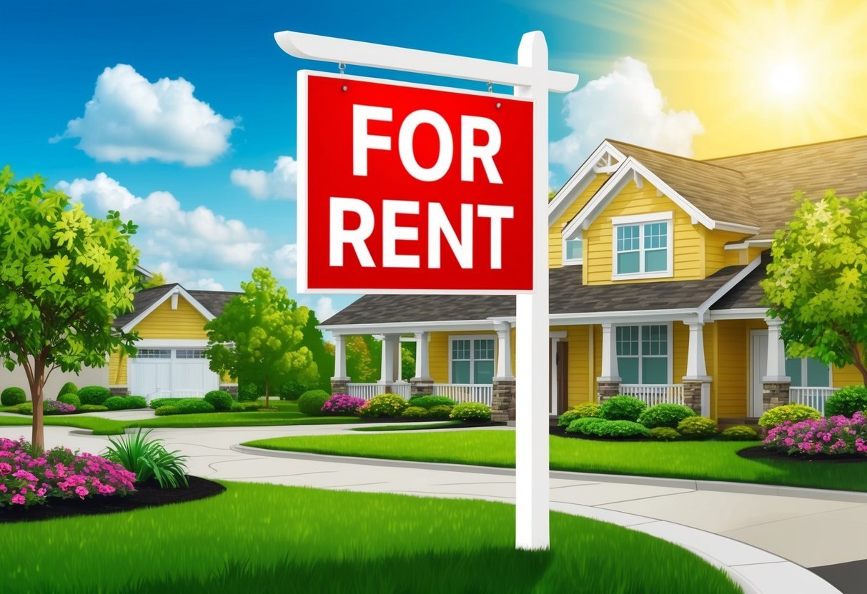 A vibrant "For Rent" sign stands out against a sunny backdrop, surrounded by well-maintained landscaping and a welcoming exterior of a rental property