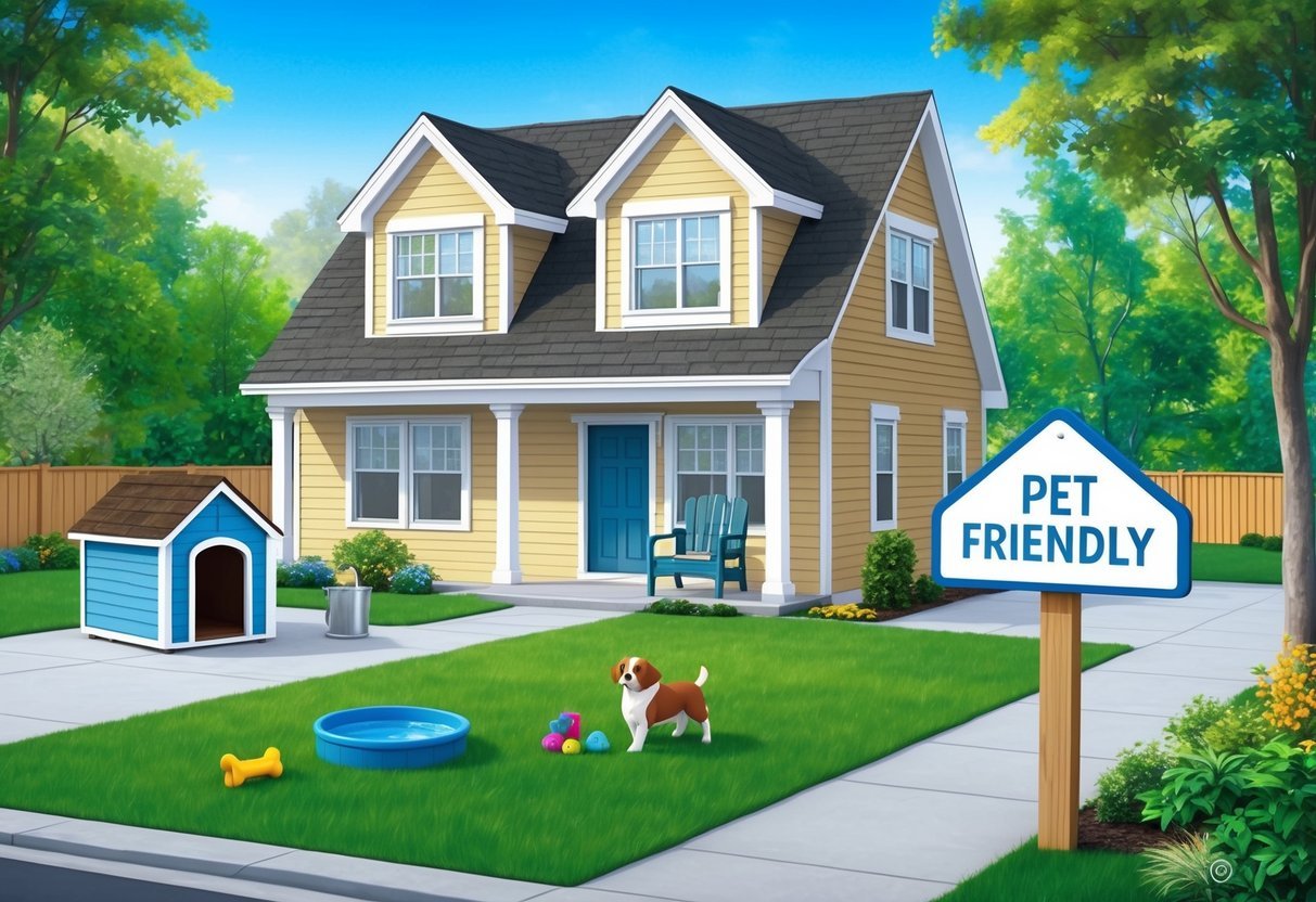 A cozy rental property with a spacious backyard, featuring a dog house, pet toys, and a water bowl.</p><p>A welcoming sign with "Pet Friendly" is displayed near the entrance