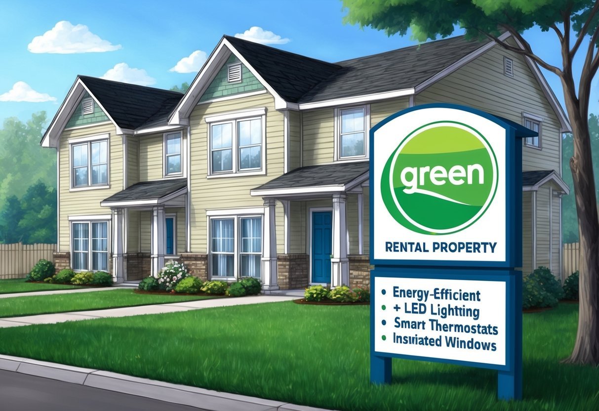 A cozy rental property with energy-efficient appliances, LED lighting, smart thermostats, and insulated windows.</p><p>A "green" logo on a sign outside