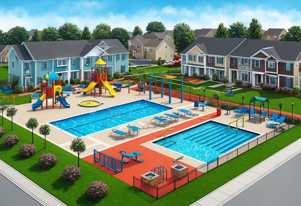 A vibrant neighborhood with a playground, pool, gym, and outdoor gathering areas surrounded by well-maintained landscaping