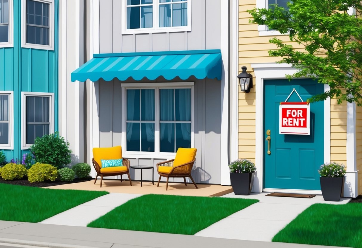 A cozy apartment with modern furnishings and bright, inviting colors.</p><p>A "For Rent" sign hangs on the front door, and a well-maintained exterior adds to the curb appeal