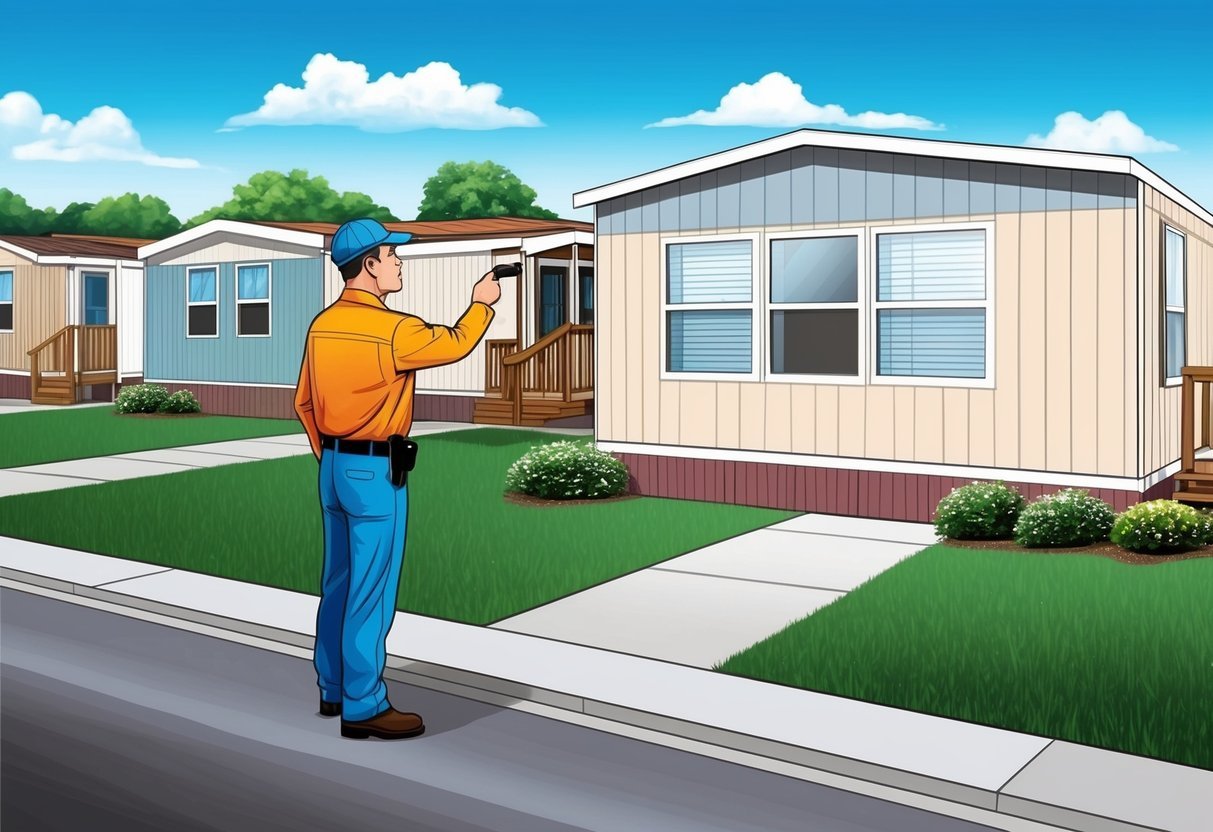An inspector examines a mobile home park, noting the condition of each unit and common areas