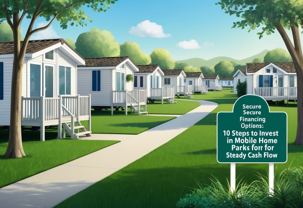 A group of mobile homes nestled in a serene park setting, with a clear path leading to a sign displaying "Secure Financing Options: 10 Steps to Invest in Mobile Home Parks for Steady Cash Flow."
