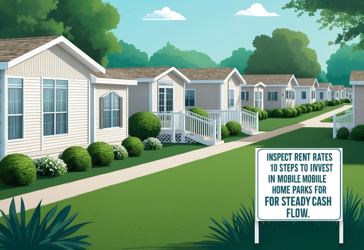 A serene mobile home park with neatly lined up homes, a central office, and a sign displaying "Inspect Rent Rates 10 Steps to Invest in Mobile Home Parks for Steady Cash Flow."