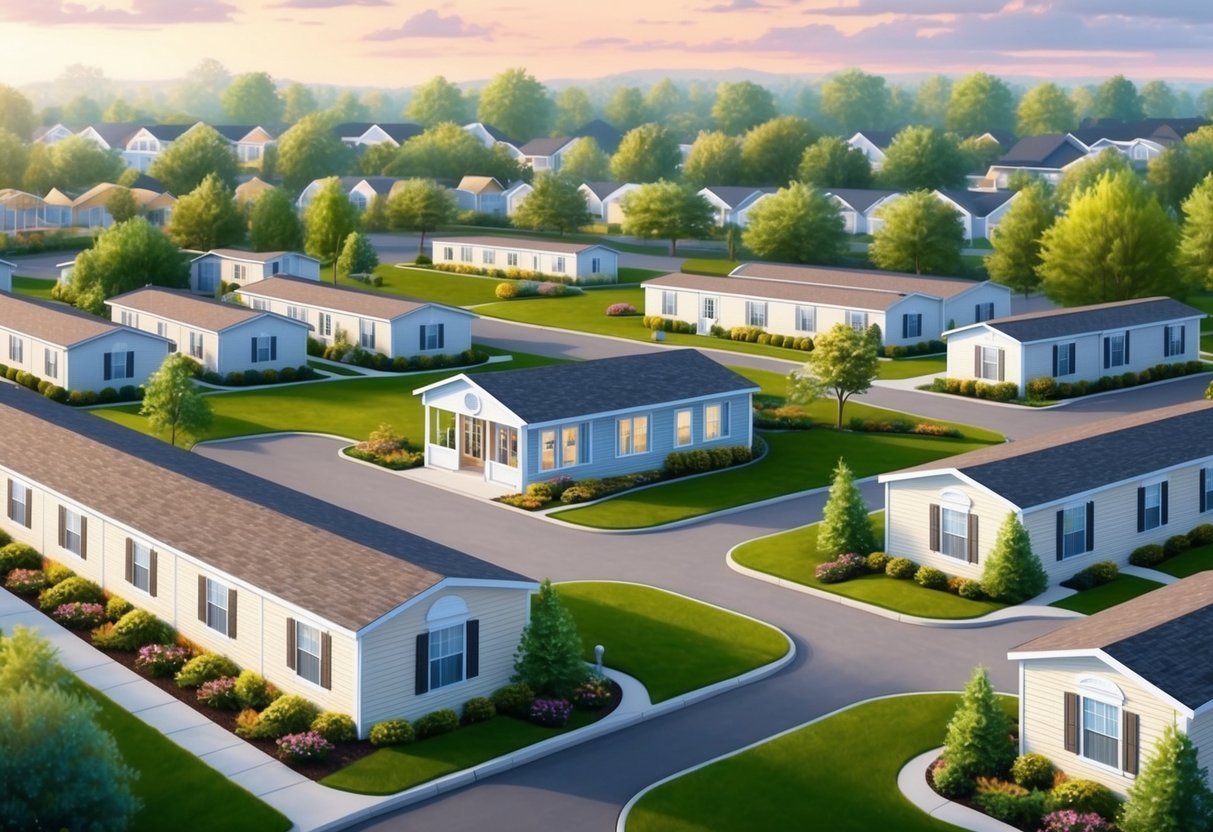 A serene mobile home park with neatly lined units, lush landscaping, and a central office building, surrounded by a peaceful, suburban neighborhood